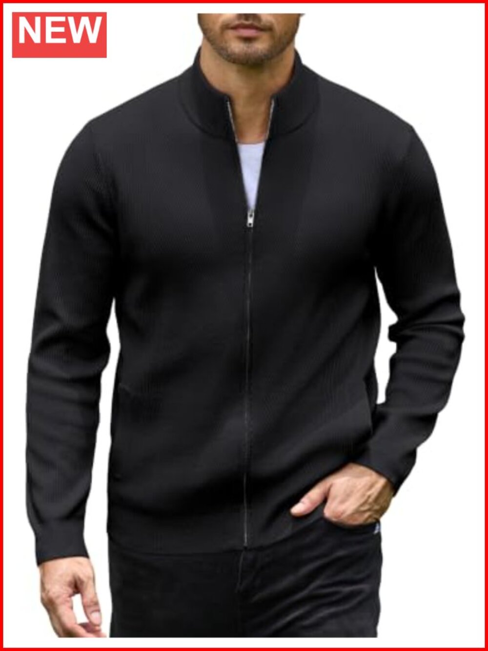 Mens Zip Up Knitted Cardigan Sweater Stand Collar Stripe Casual